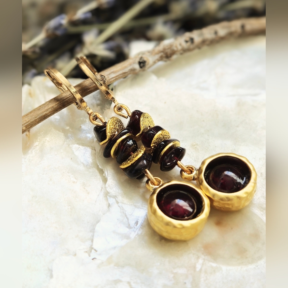 Genuine Garnet In Gold Plated Drop Down Earrings